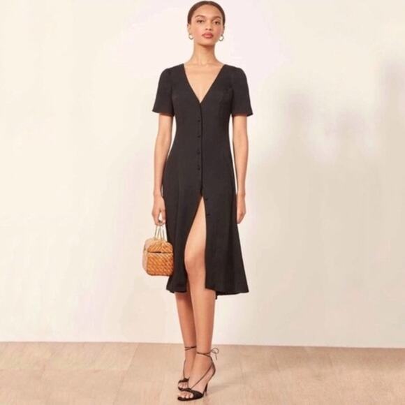Reformation Dresses & Skirts - Reformation Locklin Dress Size 0 Black Crepe Button Front Midi Classic Timeless